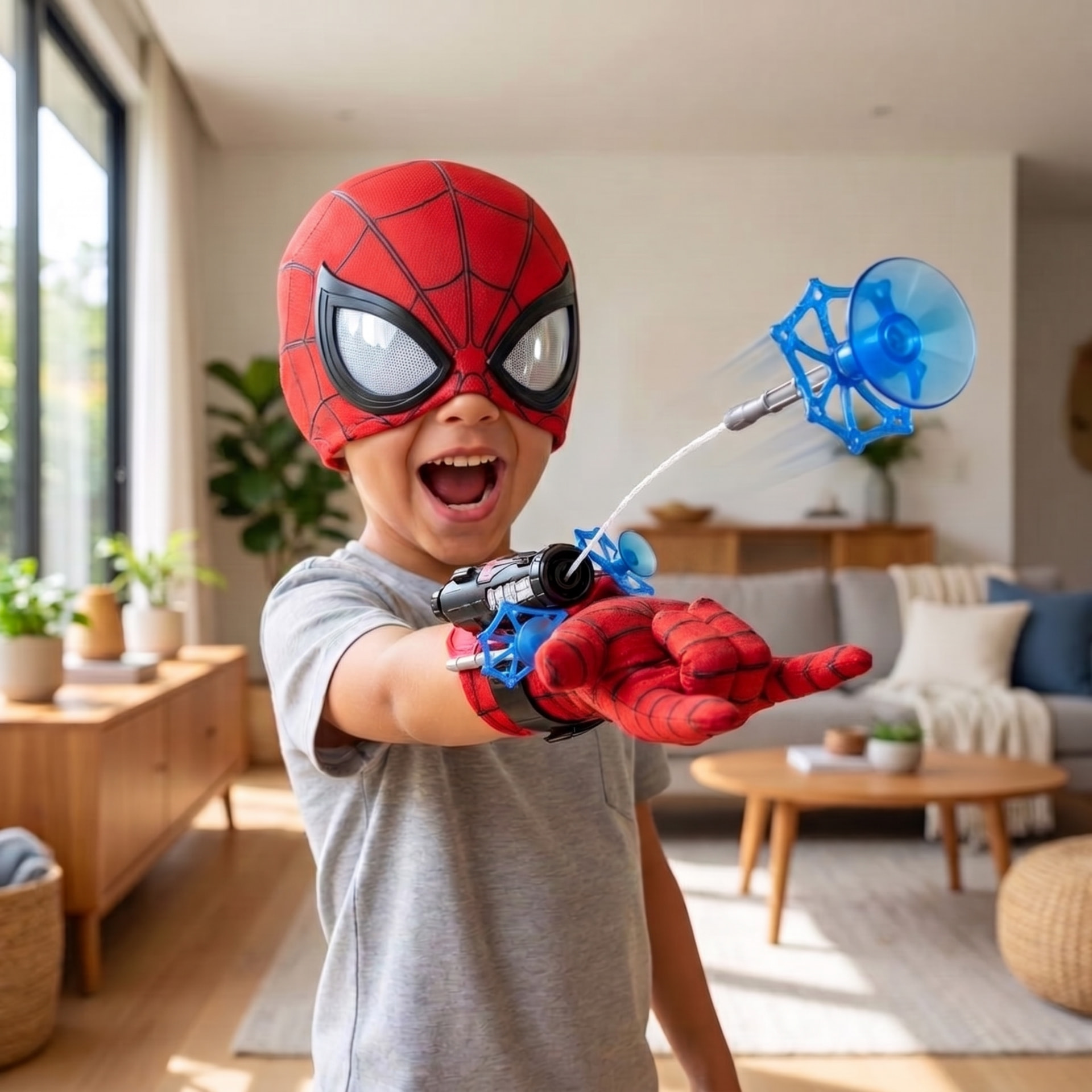 Menino com máscara e luva do Homem-Aranha em pose de ação, com a frase Pronto para entrar em ação?