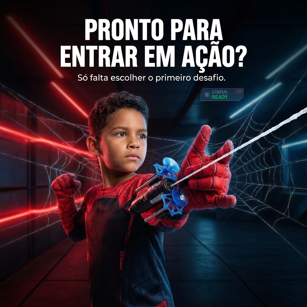 Menino com máscara e luva lança-teias em pose de ação