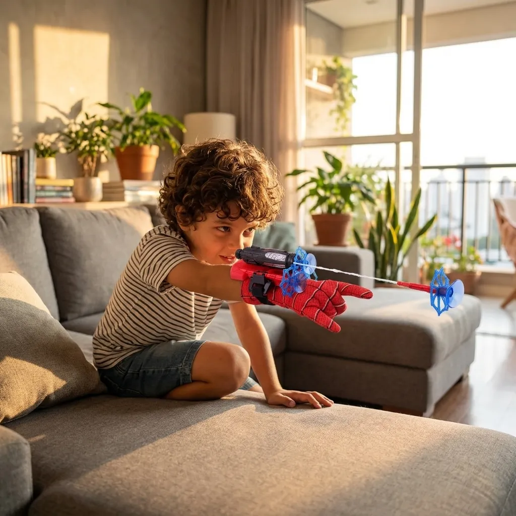 Criança brincando com a luva lança-teias: atrás do sofá